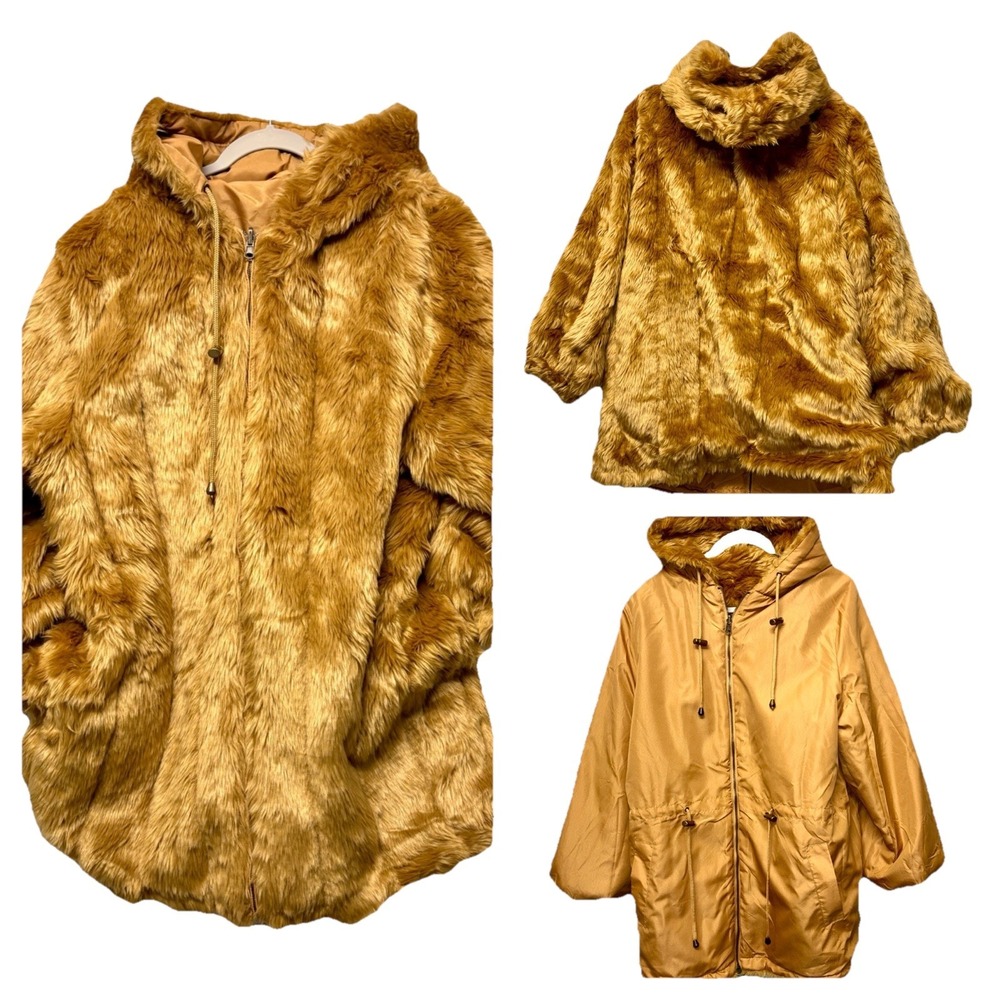 Woman Within Size 18-20 Brown Reversible Teddy Bear Faux Fur Canvas Anorak Coat